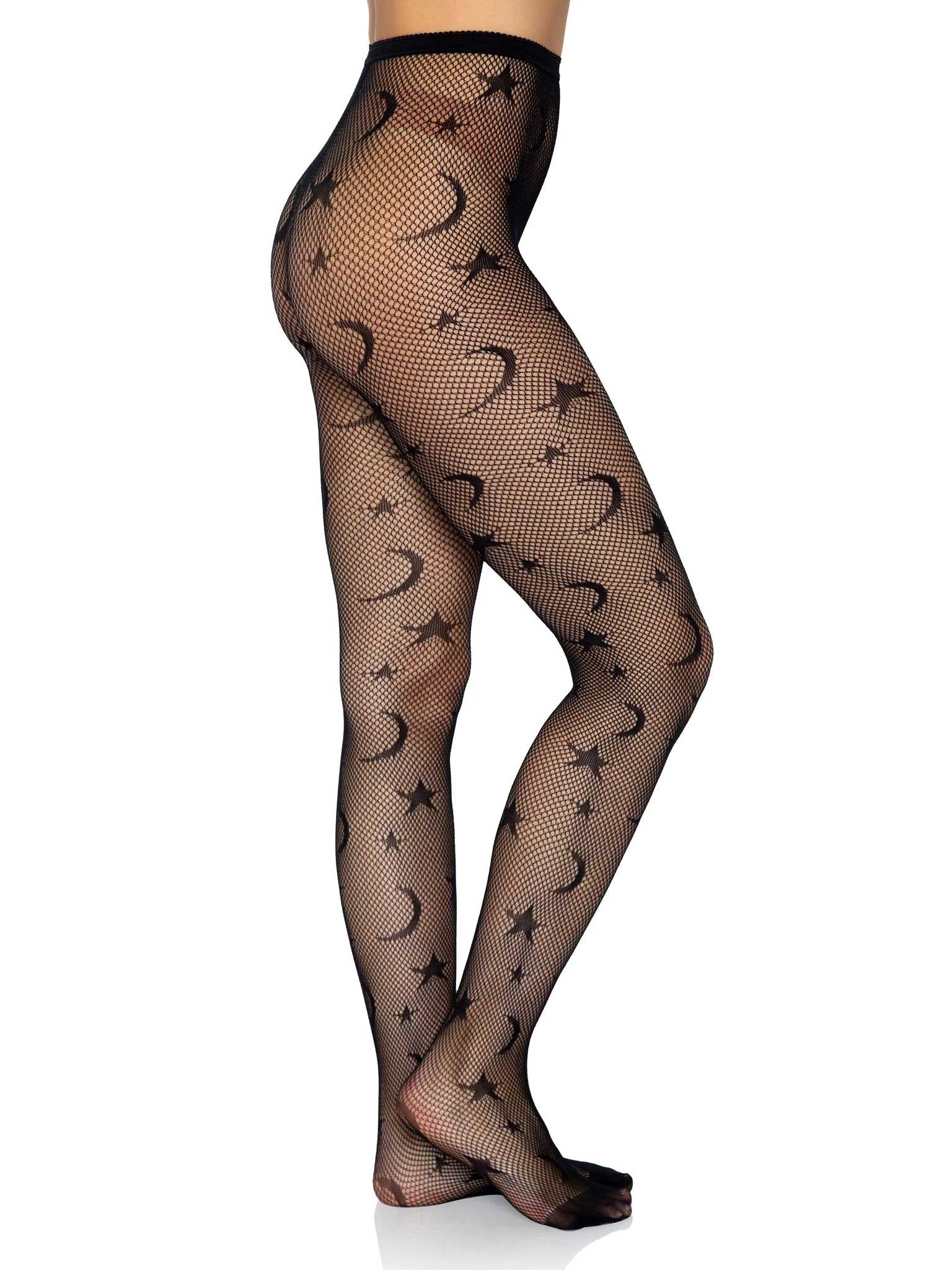 Leg Avenue Celestial Fishnet Tights - Stars and Moons Pattern - Black