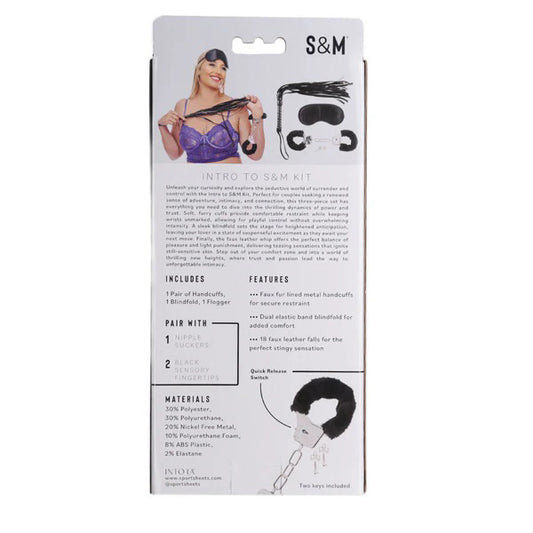 Sex and Mischief Fetish Play Kit – Black – Includes Handcuffs, Blindfold, and Whip