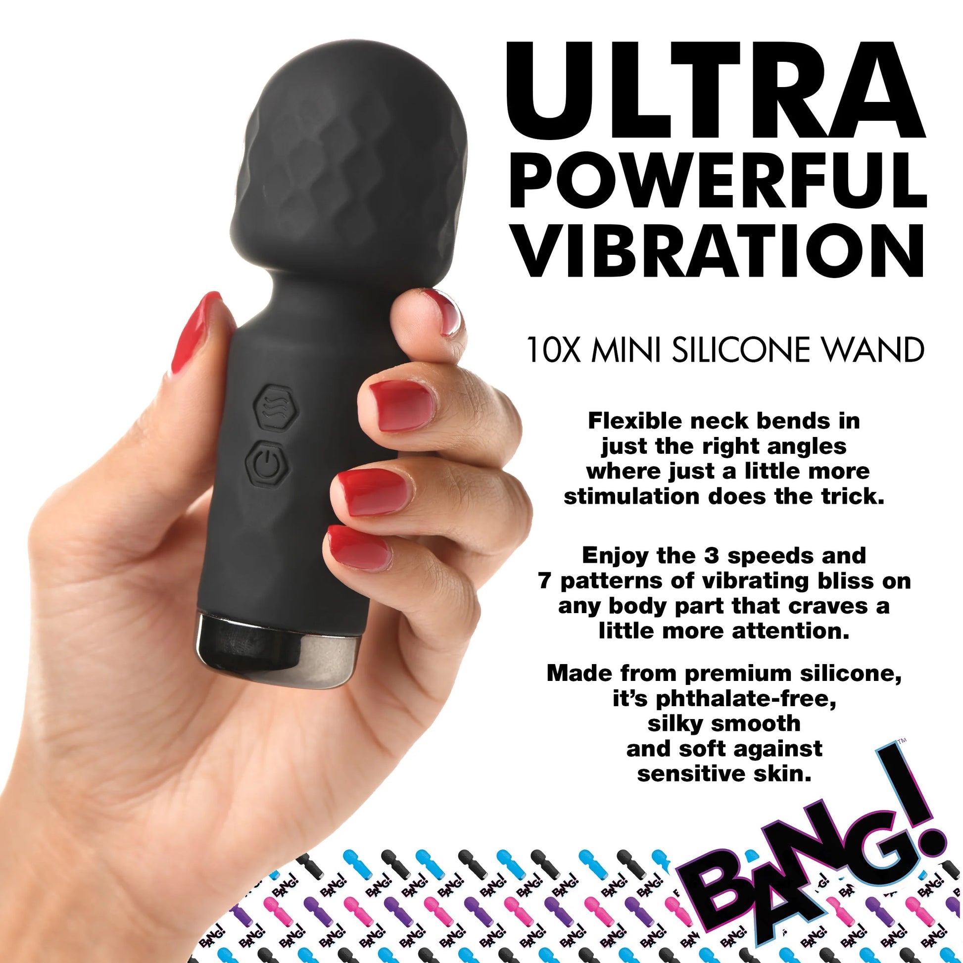 XR Brands 10x Mini Silicone Wand - Black - Waterproof Rechargeable Vibrator