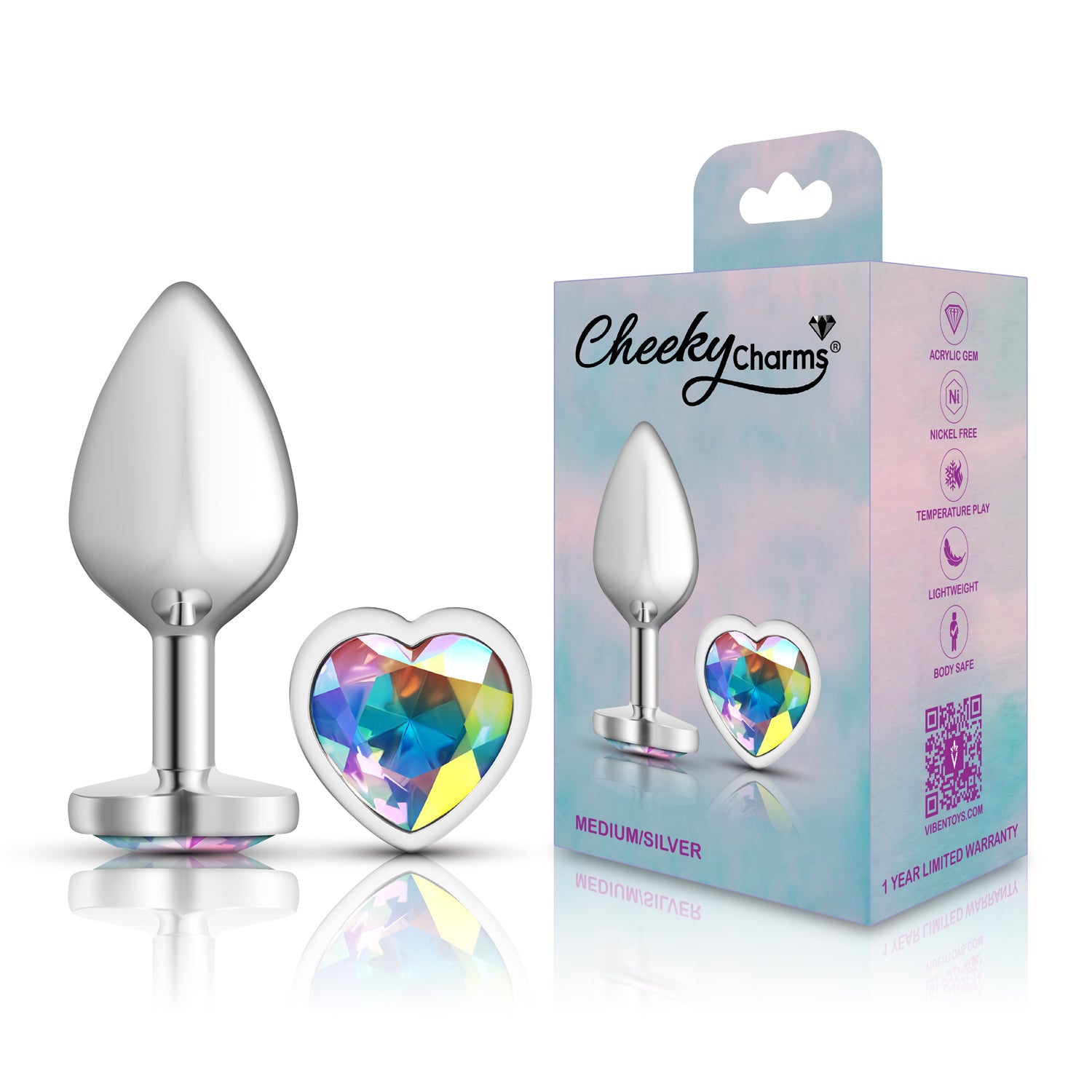 Cheeky Charms Medium Silver Metal Anal Plug with Clear Iridescent Gemstone