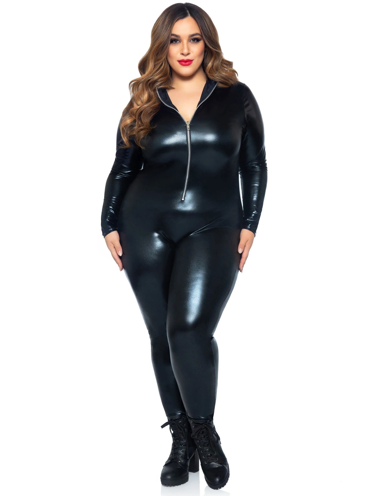 Leg Avenue Lame Zipper Front Catsuit - Costume Bodysuit - Black - 1X/2X