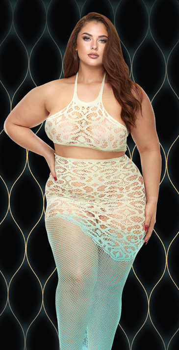 Lapdance Lingerie Green Goddess 2-Piece Set - Halter Crop Top and High-Waisted Skirt - Green