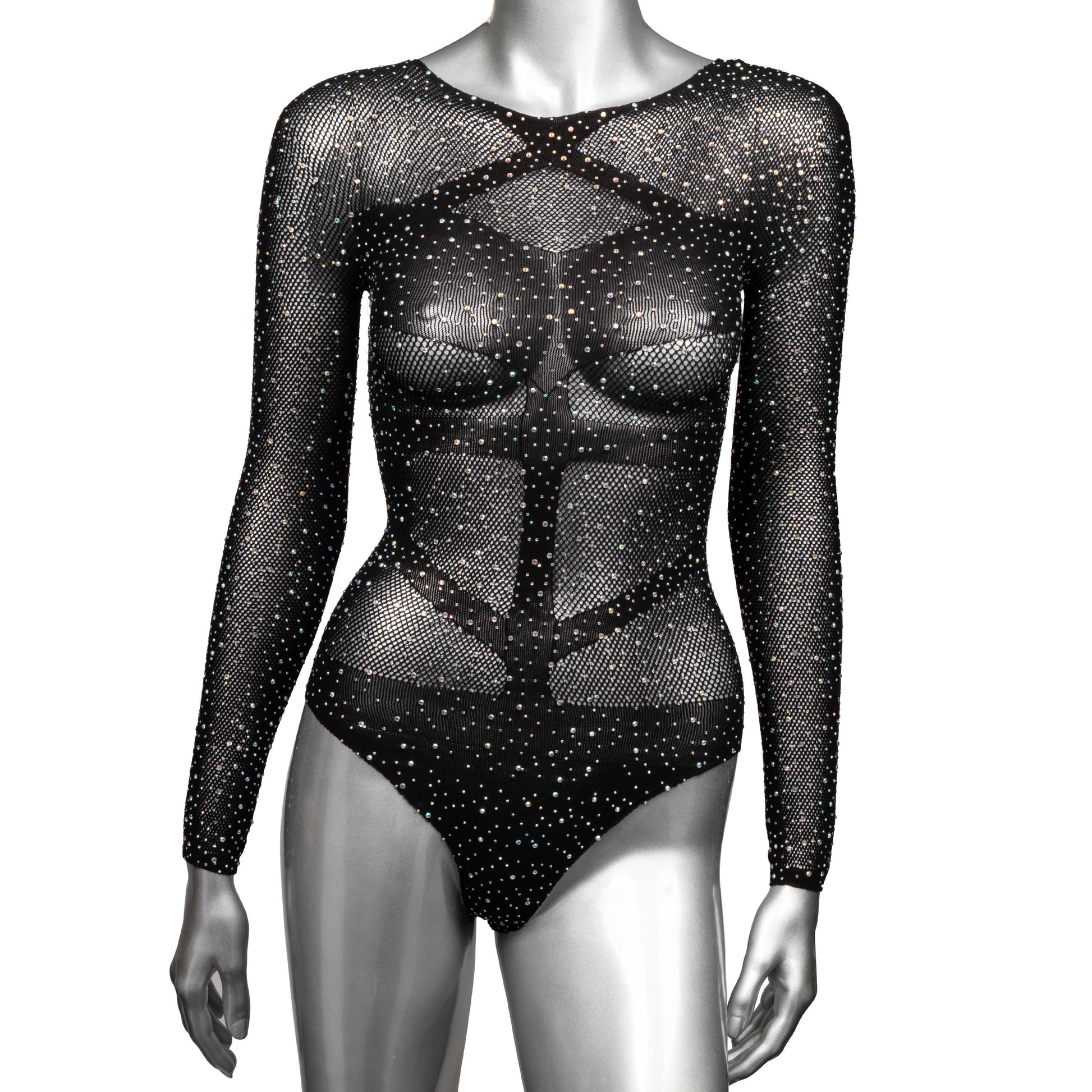 CalExotics Radiance Long Sleeve Bodysuit - Black - Soft Mesh Design with Rhinestone Accents