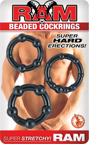 Nasstoys Ram Beaded Cockrings – Black – Set of Three Stretchy Rings