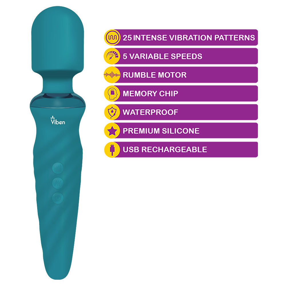 Viben Fierce Wand Massager - 25 Vibration Patterns, Waterproof, Ocean Blue