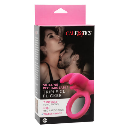 CalExotics Silicone Rechargeable Triple Clit Flicker – Pink – Multi-Function Vibrating Couples Enhancer