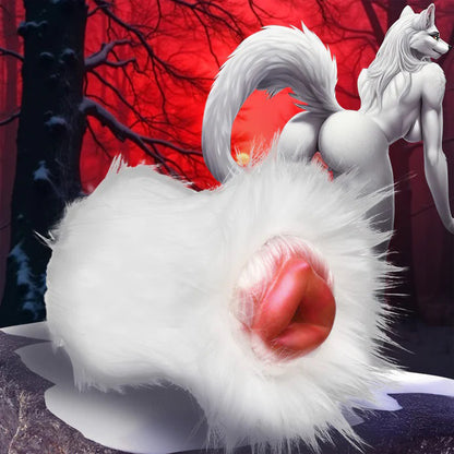 XR Brands Snow She-Wolf Silicone Stroker - White - Textured Inner Tunnel with Removable Faux Fur Cover