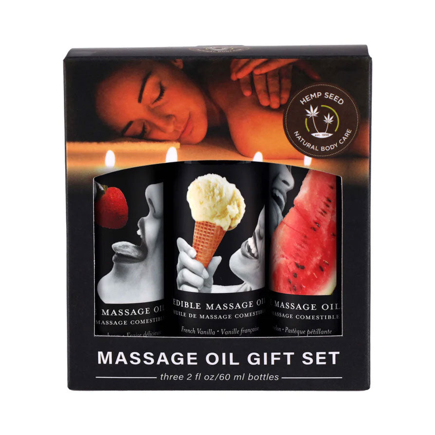 Earthly Body Edible Massage Oil Gift Set – Strawberry, Watermelon, Vanilla – 2 Fl. Oz Bottles