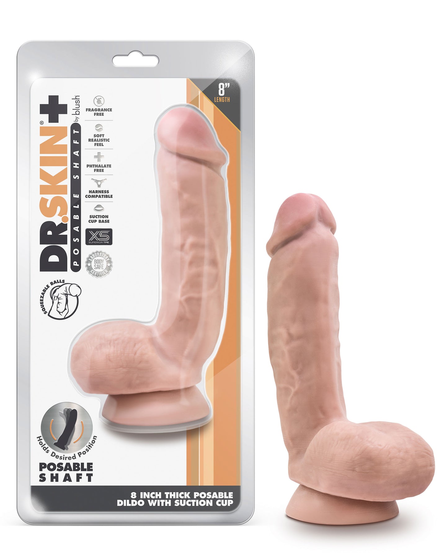 Dr. Skin Plus 8 Inch Thick Poseable Dildo with Squeezable Balls - Vanilla