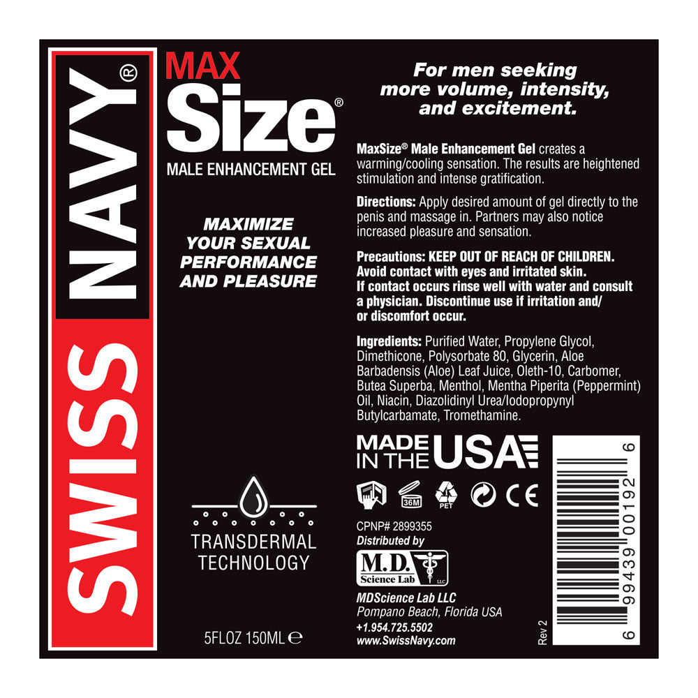 Swiss Navy Max Size Male Enhancement Gel – 5 Fl Oz