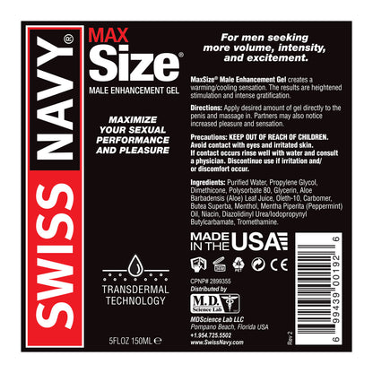 Swiss Navy Max Size Male Enhancement Gel – 5 Fl Oz