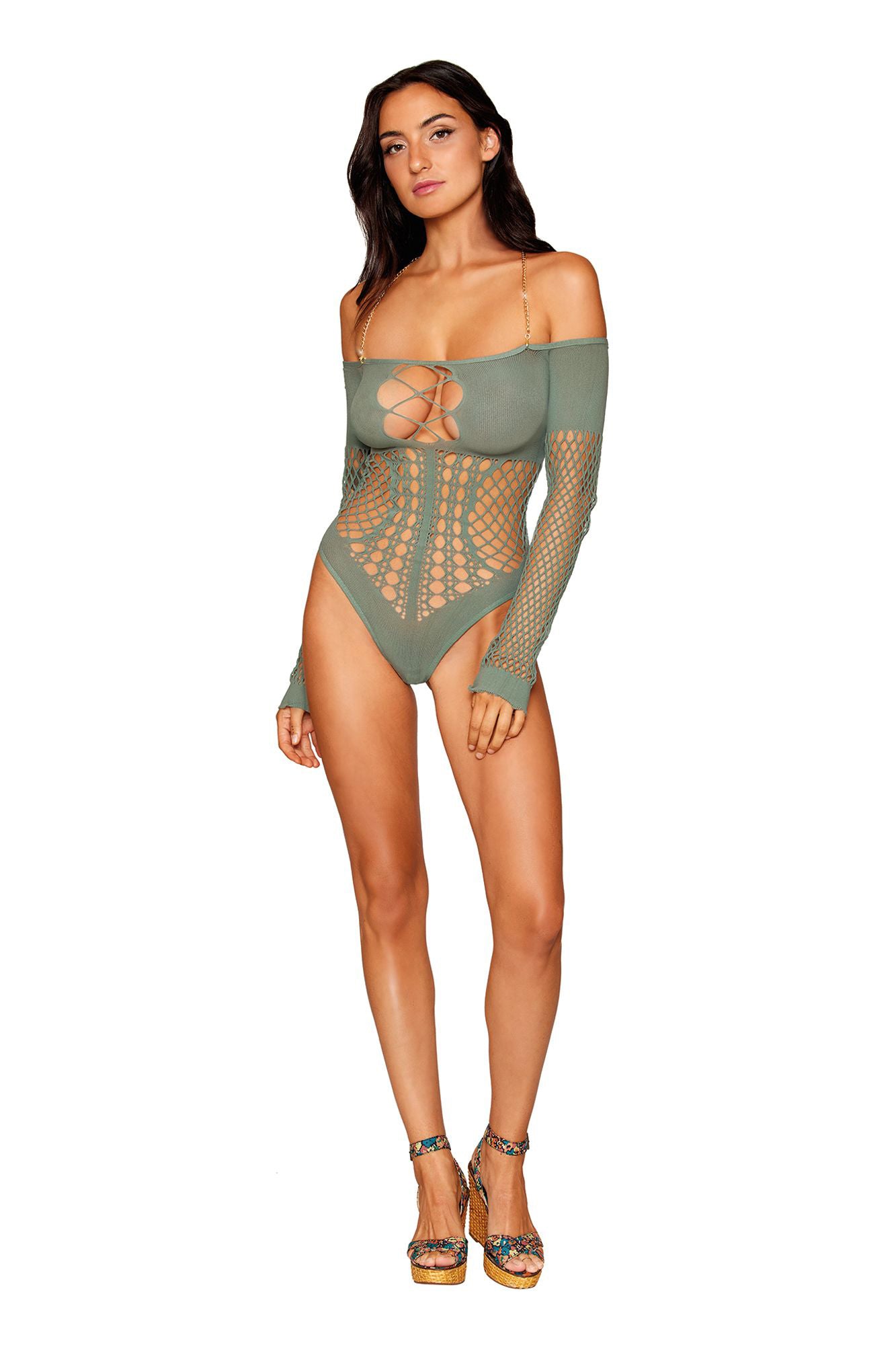 Dreamgirl Long Sleeve Teddy with Fishnet Detailing - Sage
