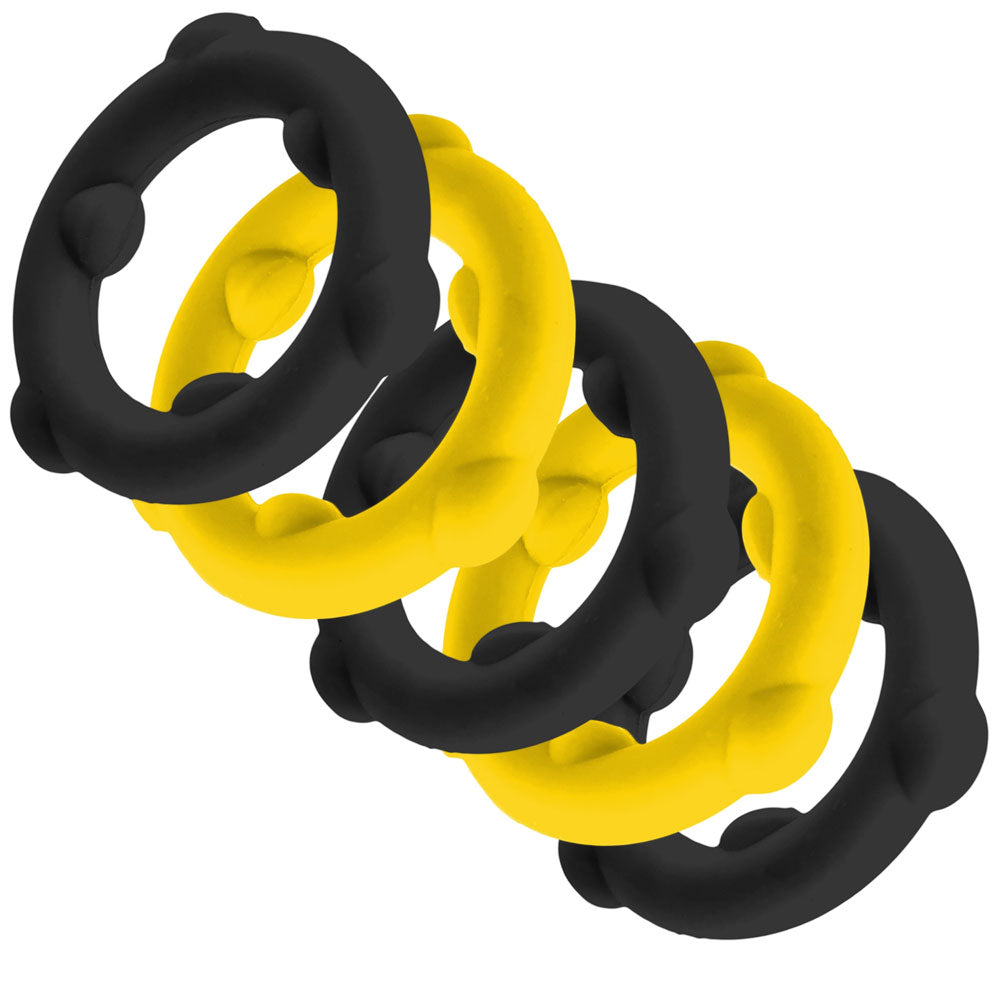 Oxballs Gearheads 5 Pack Spinner Rings – Yellow Black – Stretchy Silicone Cockrings