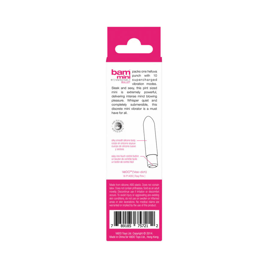 VeDO Bam Mini Rechargeable Bullet Vibe - Powerful Waterproof Vibrator - Foxy Pink