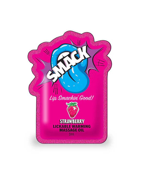 Little Genie SMACK Warming Lickable Massage Oil - Strawberry Flavor, 3ml Pouch Display