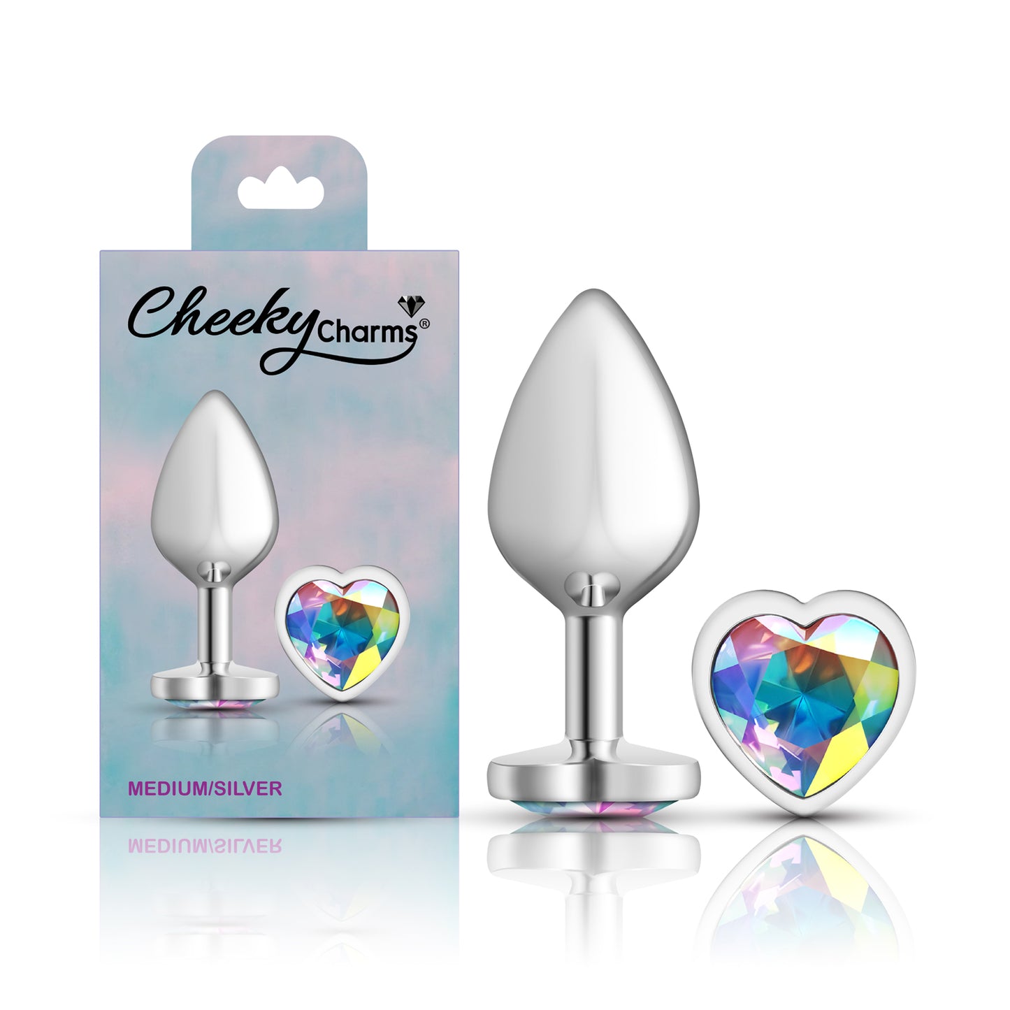 Cheeky Charms Medium Silver Metal Anal Plug with Clear Iridescent Gemstone