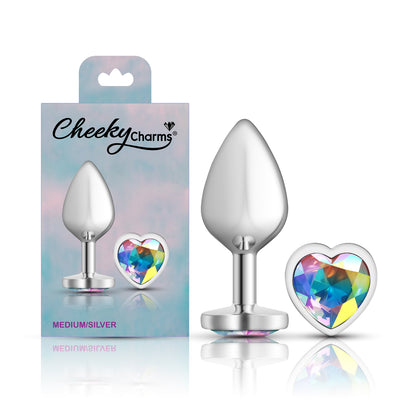 Cheeky Charms Medium Silver Metal Anal Plug with Clear Iridescent Gemstone