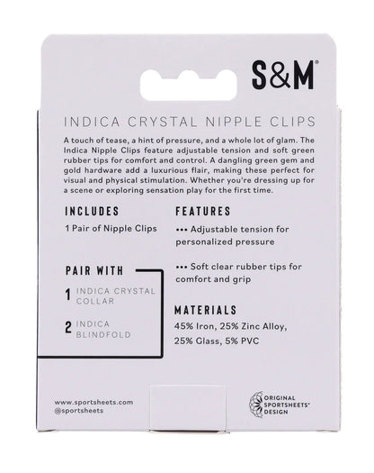 Indica Crystal Nipple Clips – Adjustable Tension with Green Gem and Gold Hardware