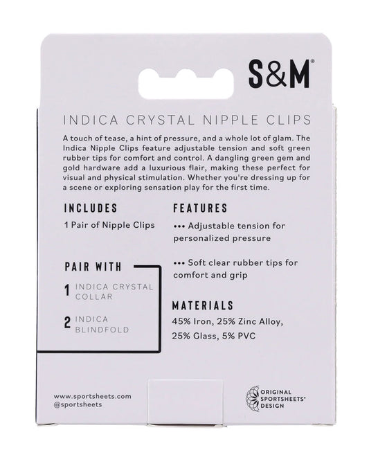 Indica Crystal Nipple Clips – Adjustable Tension with Green Gem and Gold Hardware