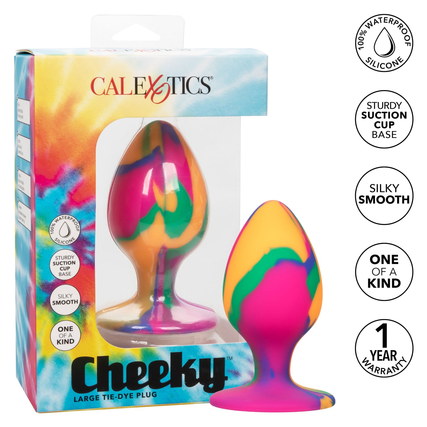 CalExotics Cheeky Large Tie-Dye Plug – Waterproof Silicone Anal Plug with Suction Cup – Multi-Color