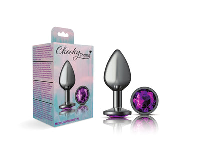 Cheeky Charms Medium Gunmetal Teardrop Anal Plug with Deep Purple Gemstone