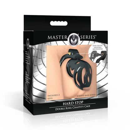 XR Brands Hard Stop Double Ring Chastity Cage with Adjustable Rings - Black