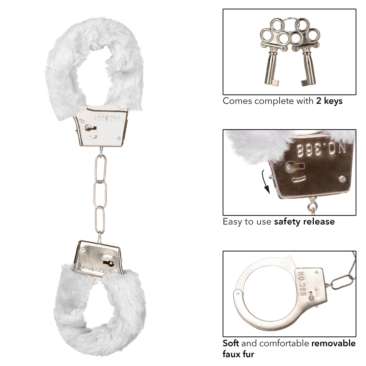 CalExotics Playful Furry Cuffs - Metal Handcuffs with Safety Release - White