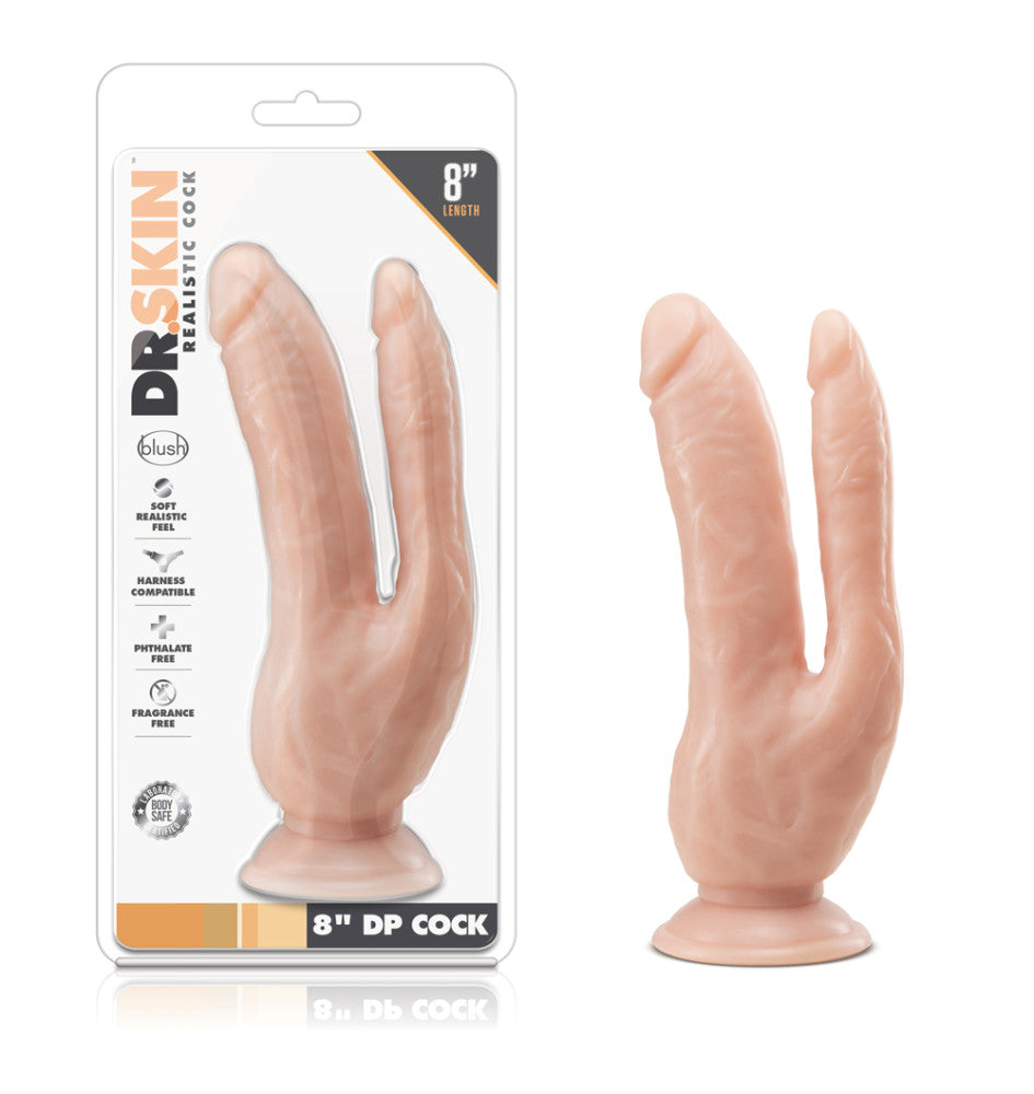 Dr. Skin 8 Inch DP Cock - Double Penetration Dildo with Suction Cup - Beige