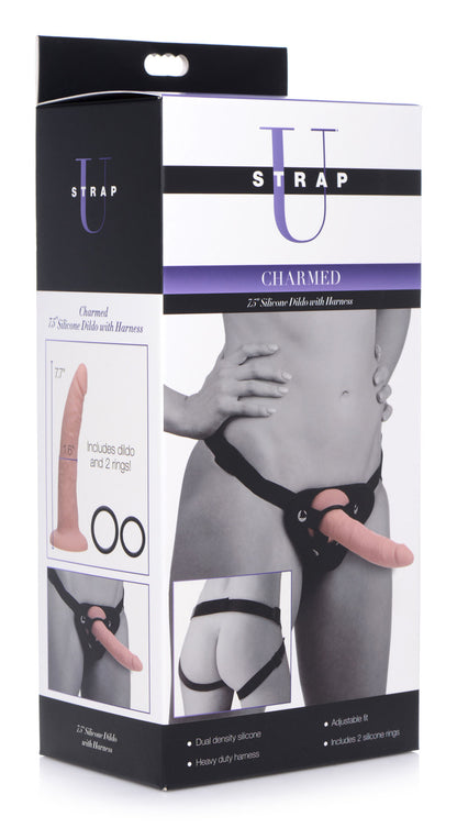 XR Brands Charmed 7.5 Inch Silicone Dildo with Harness - Realistic Beige