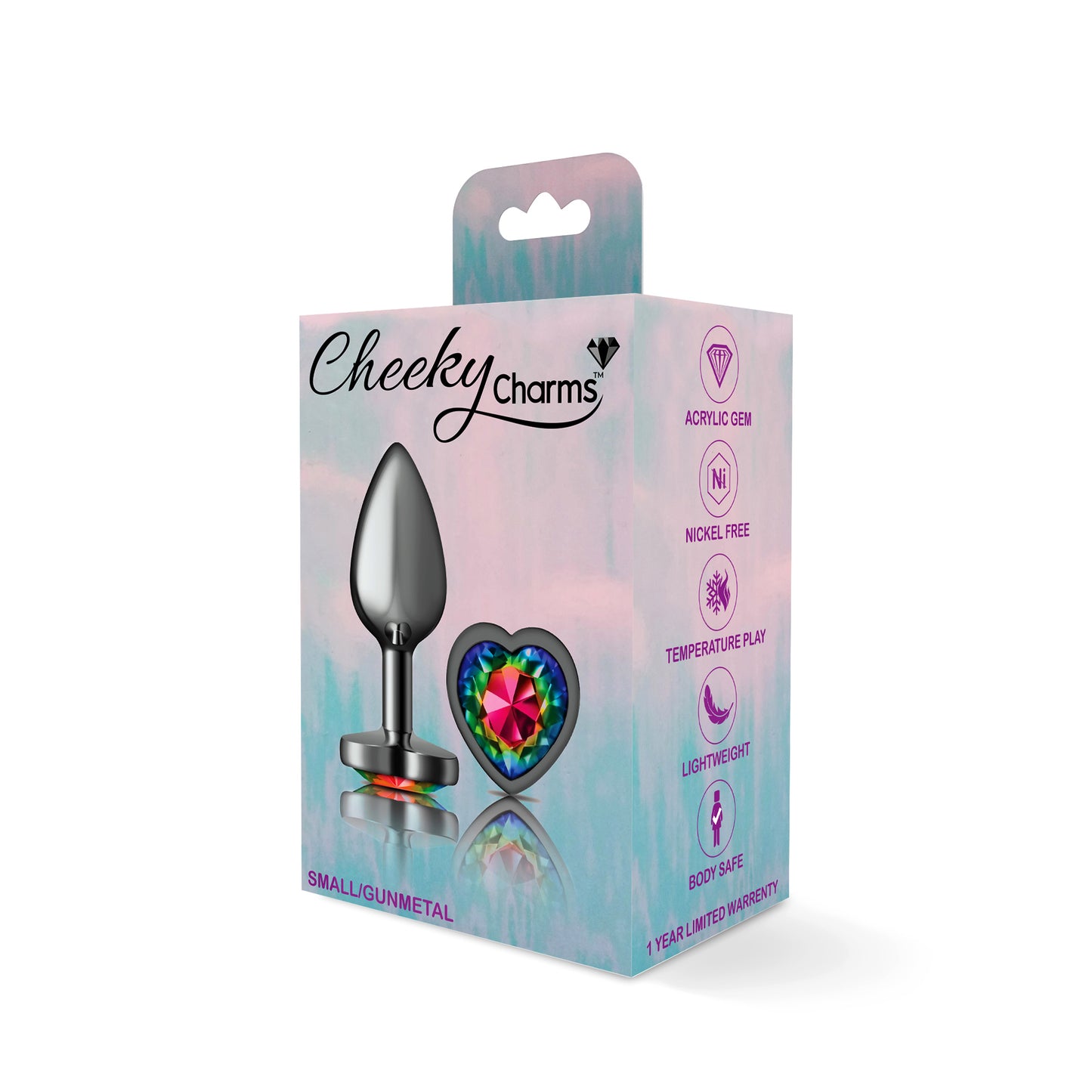 Cheeky Charms Rainbow Heart Gem Gunmetal Metal Anal Plug - Small