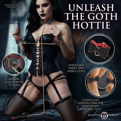 XR Brands Gothic Bondage Set - Adjustable Vegan Leather with Gold Chain Leash and Cuffs - Multi