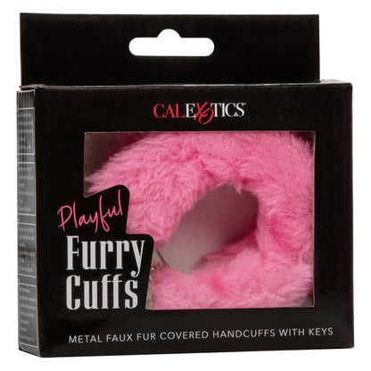 CalExotics Playful Furry Cuffs - Pink Metal Faux Fur Handcuffs with Safety Release
