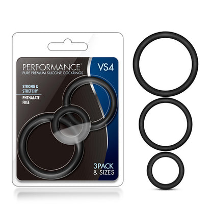 Blush Performance Vs4 Pure Premium Silicone Cockring Set – Black – 3 Sizes