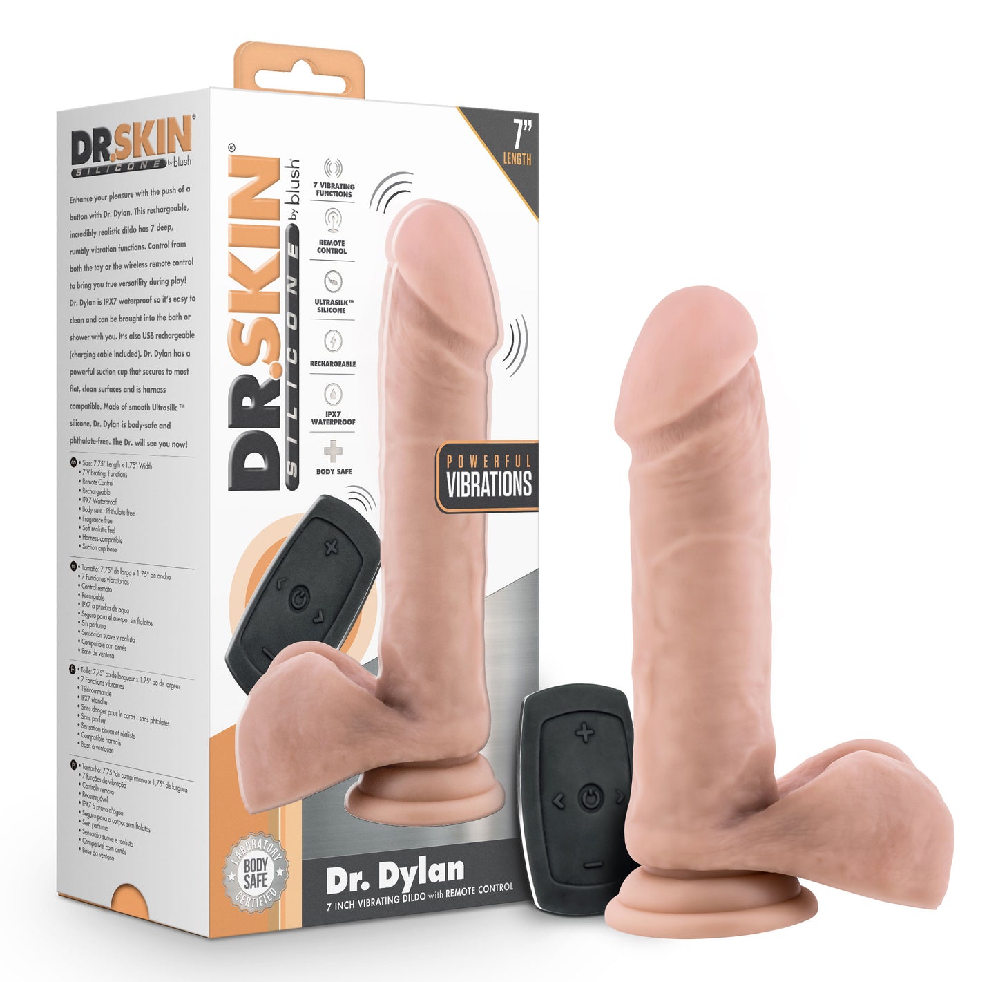 Dr. Skin Silicone Dr. Dylan 7 Inch Vibrating Dildo with Remote Control - Vanilla