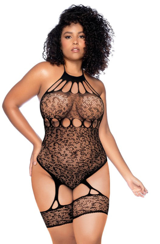 Mapale Leopard Halter Fishnet Bodysuit – Black