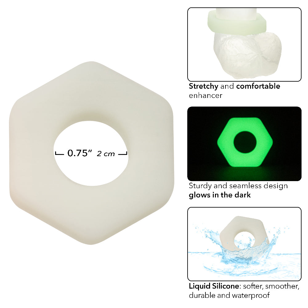 CalExotics Alpha Glow-in-the-Dark Liquid Silicone Prolong Sexagon Ring – White