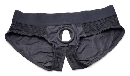 Lace Envy Black Crotchless Panty Harness - L/XL with Universal O-ring