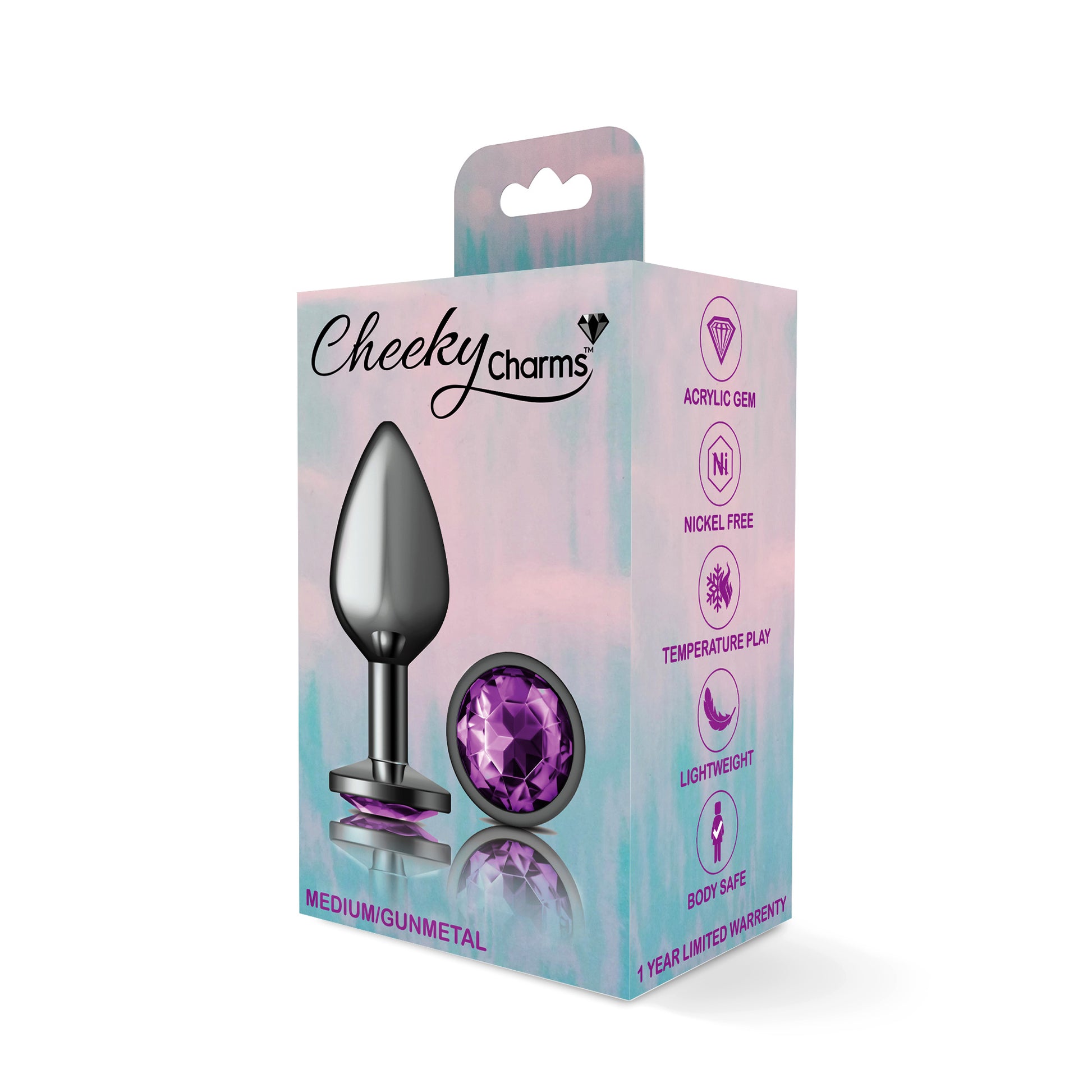 Cheeky Charms Medium Gunmetal Teardrop Anal Plug with Deep Purple Gemstone
