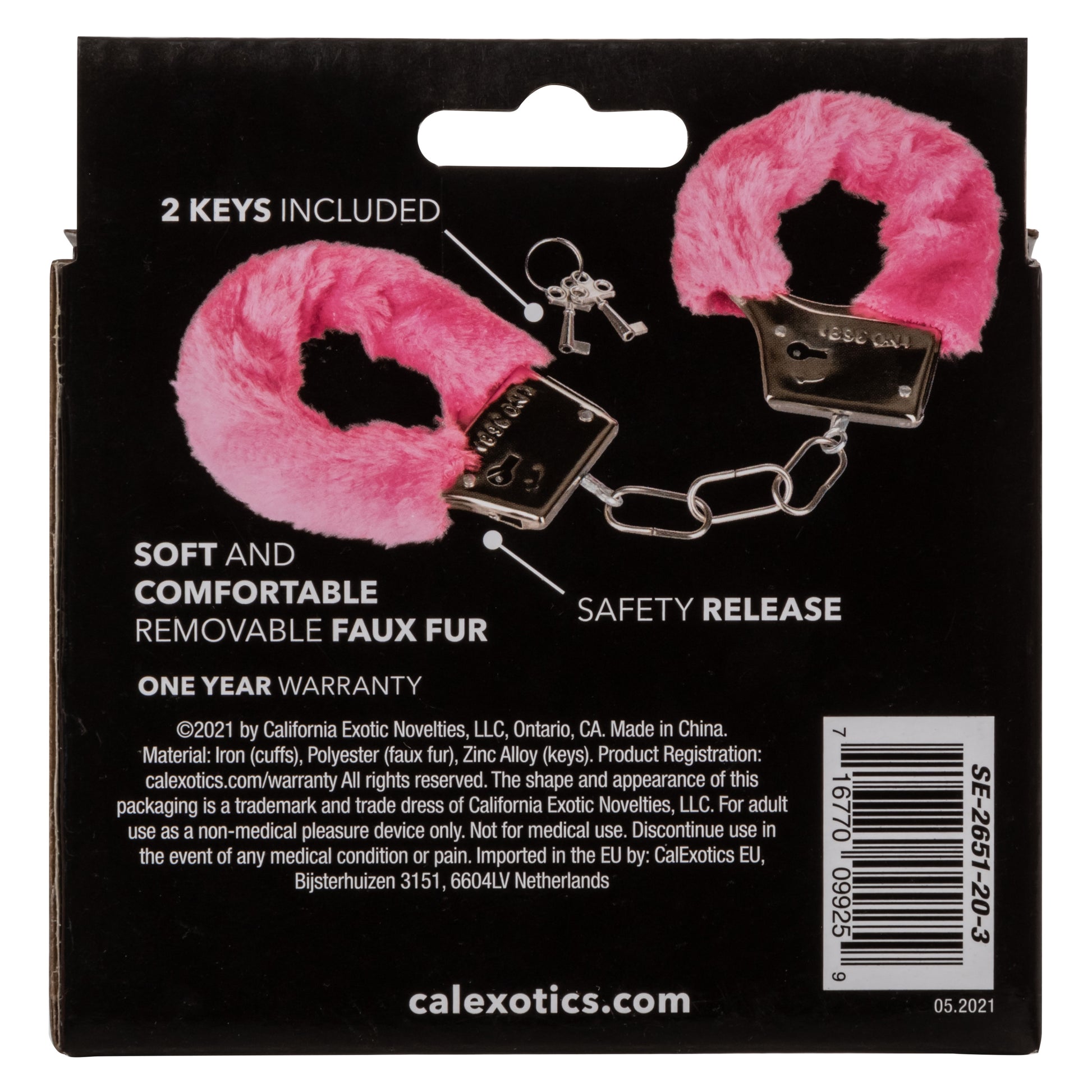 CalExotics Playful Furry Cuffs - Pink Metal Faux Fur Handcuffs with Safety Release
