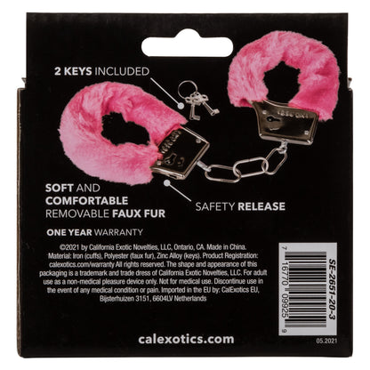 CalExotics Playful Furry Cuffs - Pink Metal Faux Fur Handcuffs with Safety Release