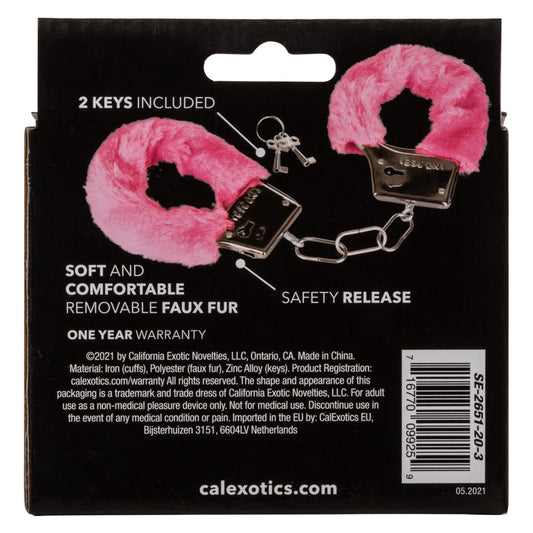 CalExotics Playful Furry Cuffs - Pink Metal Faux Fur Handcuffs with Safety Release