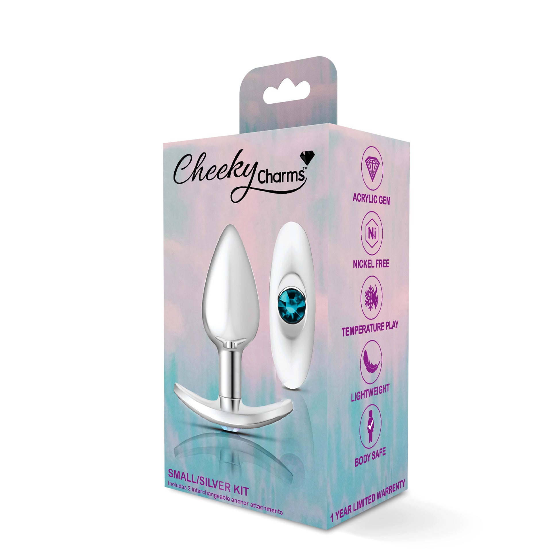 Cheeky Charms Silver Anchor Buttplug Kit with Interchangeable Gemstone Bases – Clear Iridescent/Teal