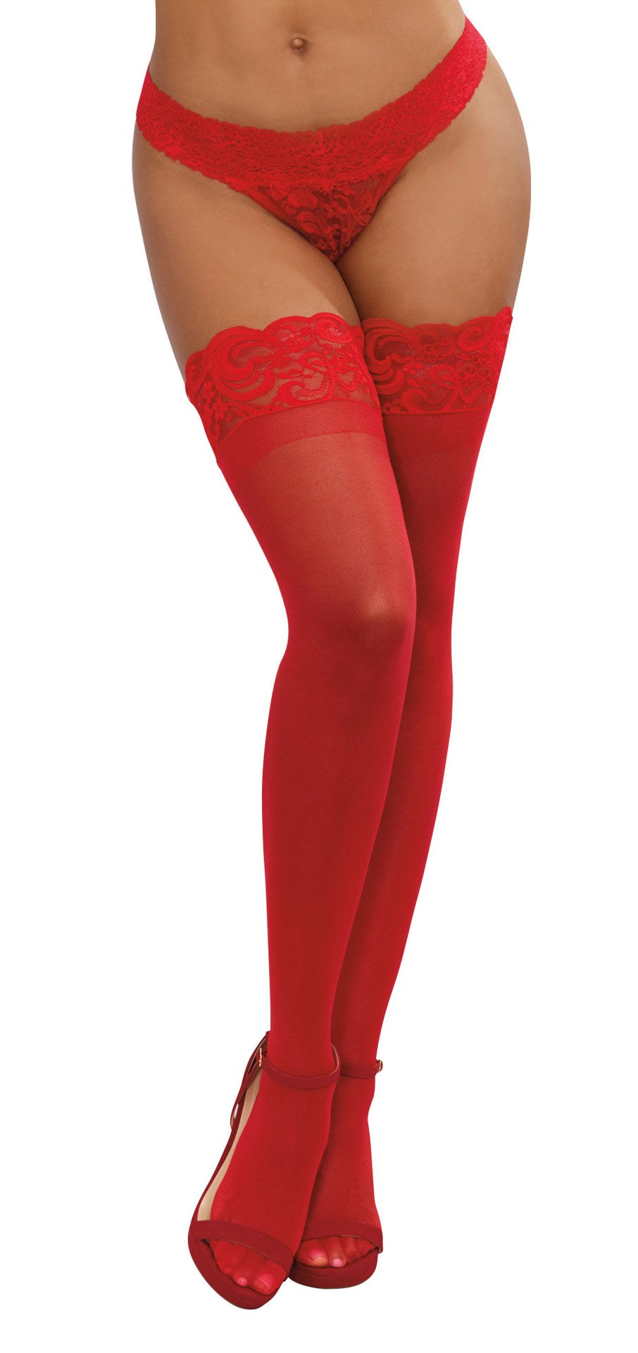 Dreamgirl Thigh High Stockings – Sheer with Stay Up Silicone Lace Top – Red