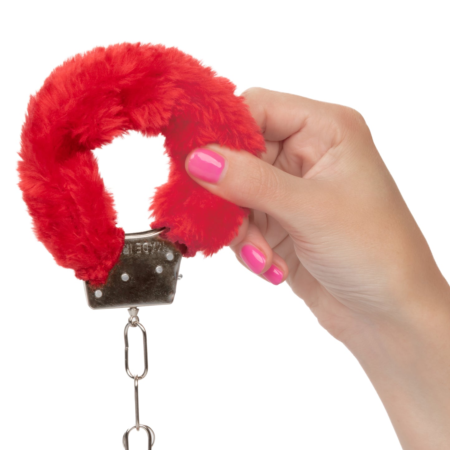 CalExotics Playful Furry Cuffs - Red Metal Handcuffs with Removable Faux Fur