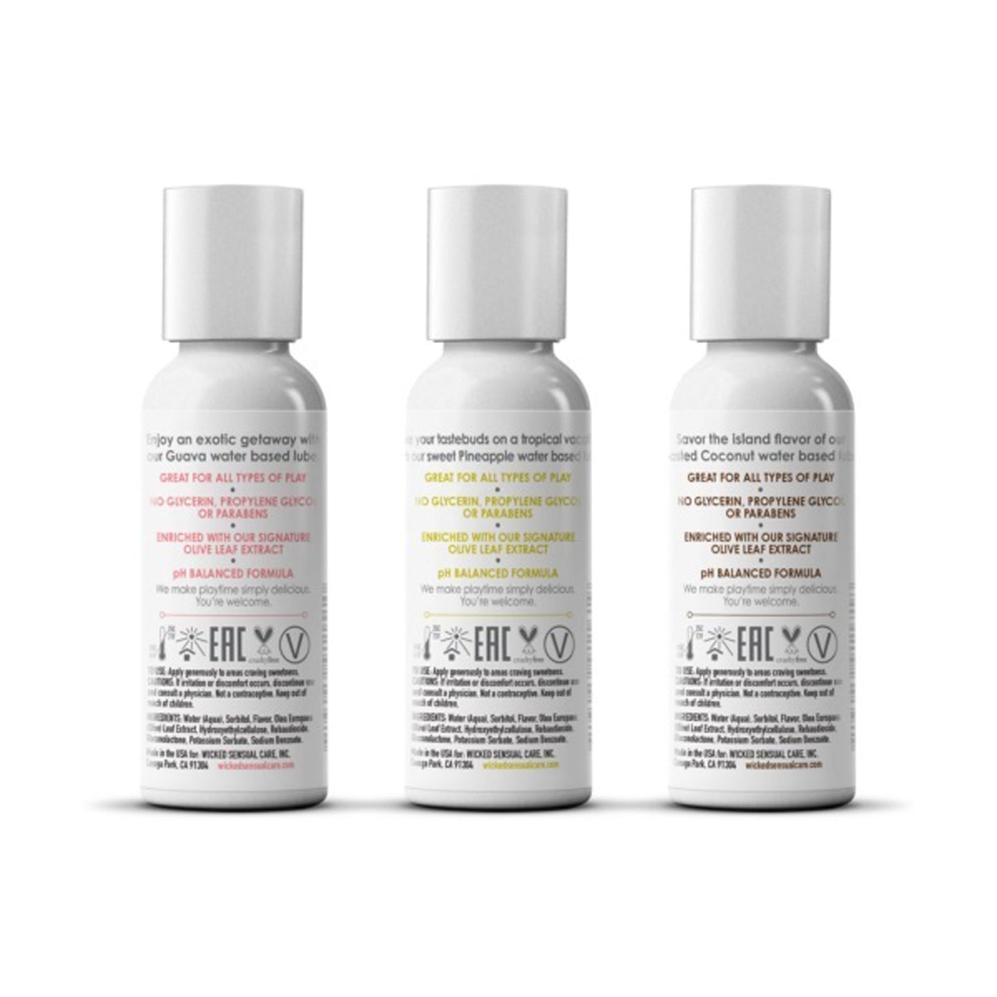 Wicked Simply Tropical Trio Flavored Lubes – Guava, Pineapple, Toasted Coconut – 1oz Travel Size