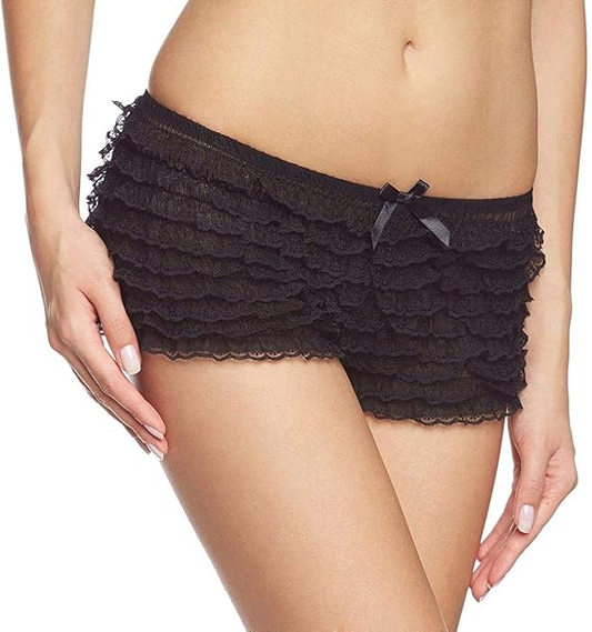 Leg Avenue Lace Ruffle Tanga Shorts - One Size - Black