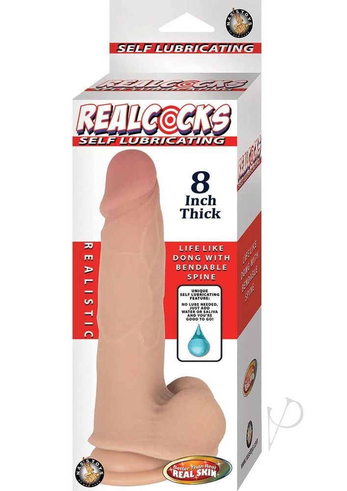 Realcocks Self Lubricating 8 Inch Thick Dong with Bendable Spine - White
