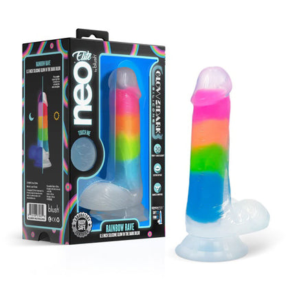 Blush Neo Elite Rainbow Rave Dual Density Dildo – Glow-in-the-Dark, Multicolored