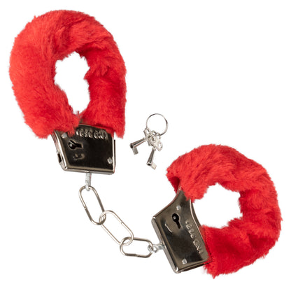 CalExotics Playful Furry Cuffs - Red Metal Handcuffs with Removable Faux Fur