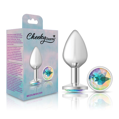 Cheeky Charms Medium Silver Metal Anal Plug with Clear Iridescent Gemstone